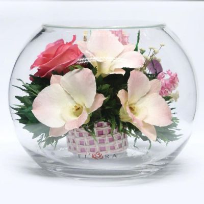 Fiora Flower Long Lasting Pink Roses and Orchids with Greenery in a Round Glass Vase Image 3