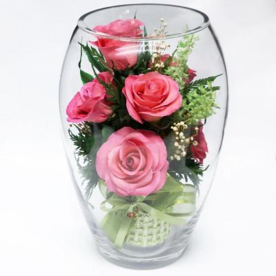 Fiora Flower Long Lasting Pink Roses in a Elliptical Round Glass Vase Image 1