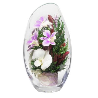 Fiora Flower  Long Lasting Purple Orchids, Limoniums with Greenery in a Flat Rugby Glass Vase Image 2