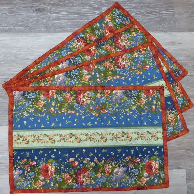 Floral Placemat  Set of 4 Epoque Double Stripe Cotton Fabric Handmade Quilted by Sue. Image 1