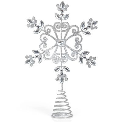 Flower Snowflake Tree Topper - Silver Glitter Intricate Designed Floral Snowflake Shaped Ornament, Sparkling Gem Detailed Christmas Star Tree Topper Image 1