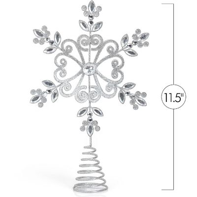 Flower Snowflake Tree Topper - Silver Glitter Intricate Designed Floral Snowflake Shaped Ornament, Sparkling Gem Detailed Christmas Star Tree Topper Image 1