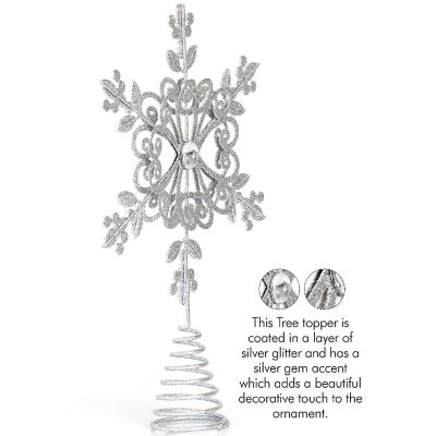 Flower Snowflake Tree Topper - Silver Glitter Intricate Designed Floral Snowflake Shaped Ornament, Sparkling Gem Detailed Christmas Star Tree Topper Image 2
