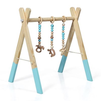 Foldable Wooden Baby Gym with 3 Wooden Baby Teething Toys Hanging Bar Green Image 2