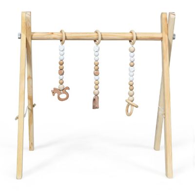 Foldable Wooden Baby Gym with 3 Wooden Baby Teething Toys Hanging Bar Natural Image 1