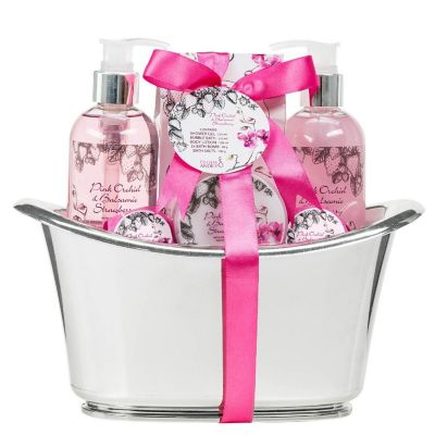 Freida and Joe Pink Orchid & Strawberry Fragrance Bath & Body Spa Gift Set in a Silver Tub Basket Image 1