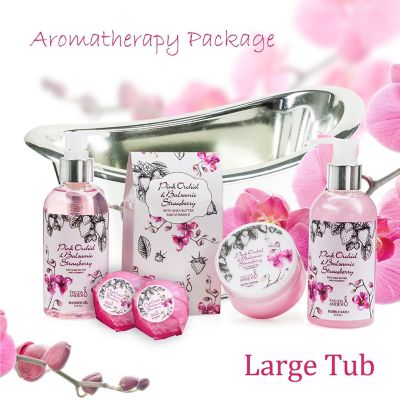 Freida and Joe Pink Orchid & Strawberry Fragrance Bath & Body Spa Gift Set in a Silver Tub Basket Image 2