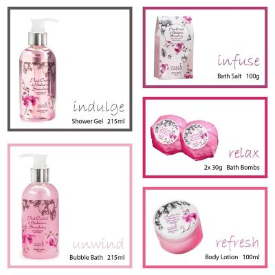 Freida and Joe Pink Orchid & Strawberry Fragrance Bath & Body Spa Gift Set in a Silver Tub Basket Image 3