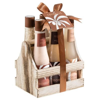 Freida and Joe Tropical Coconut Bath & Body Gift Set in a Wooden Caddie Image 1