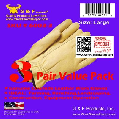 G & F Products Grain Cowhide Leather Work Gloves, 3 Pairs Image 2