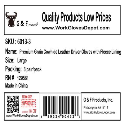 G & F Products Grain Cowhide Leather Work Gloves w/ Fleece Lining, 3 Pairs Image 3