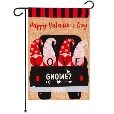 G128 12"x18" Burlap Fabric Valentine's Day Love Four Gnomes in Truck Garden Flag Image 1