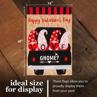 G128 12"x18" Burlap Fabric Valentine's Day Love Four Gnomes in Truck Garden Flag Image 3