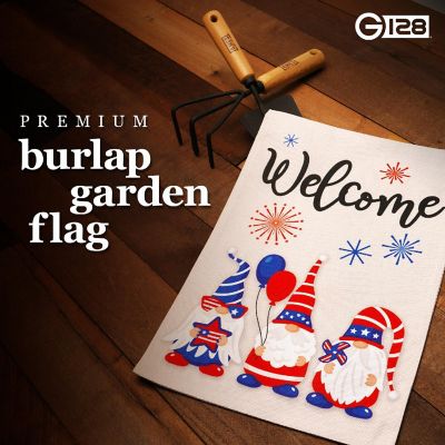 G128 12"x18" Burlap Fabric Welcome Three Gnomes Celebrating 4th of July Garden Flag Image 3