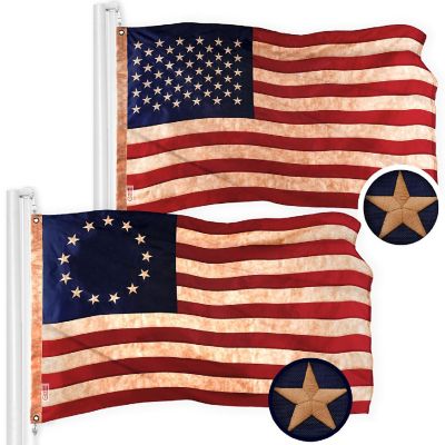 G128 1x1.5ft Combo USA & Betsy Ross Tea-Stained Embroidered 420D Polyester Flag Image 1