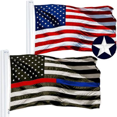G128 3X5 Ft American Flag And Thin Blue Red Flag, Both Embroidered Polyester Image 1