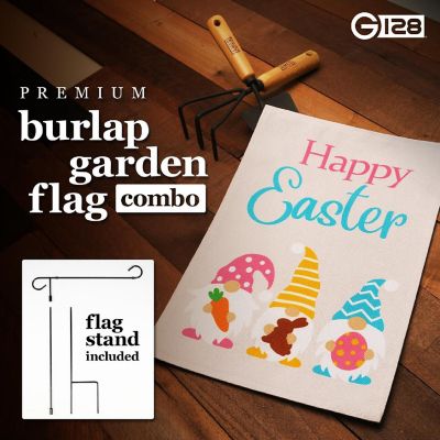 G128 Combo 36x16in Garden Flag Stand & 12x18in Happy Easter Decoration Three Gnomes with Carrot Chocolate Bunny Egg Double-Sided Burlap Fabric Garden Flag Image 3