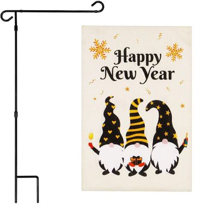 G128 Combo 36x16in Garden Flag Stand & 12x18in Happy New Year Decoration Three Celebrating Gnomes Double-Sided Burlap Fabric Garden Flag Image 1