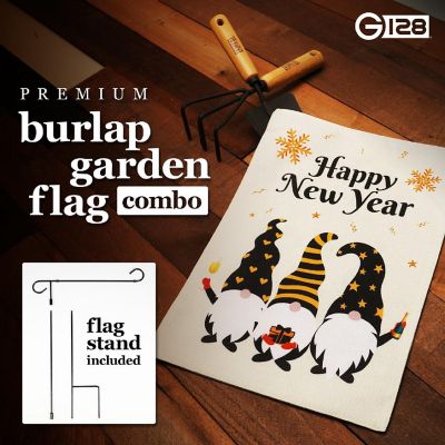 G128 Combo 36x16in Garden Flag Stand & 12x18in Happy New Year Decoration Three Celebrating Gnomes Double-Sided Burlap Fabric Garden Flag Image 3
