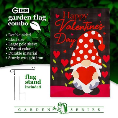 G128 Combo 36x16in Garden Flag Stand & 12x18in Happy Valentine's Day Decoration Gnome Holding Red Heart 12"x"18" Blockout Fabric Garden Flag Image 3