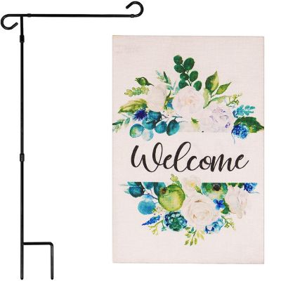 G128 Combo 36x16in Garden Flag Stand & 12x18in Welcome Elegant Floral Arrangement Double-Sided Burlap Fabric Garden Flag Image 1