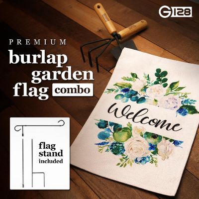 G128 Combo 36x16in Garden Flag Stand & 12x18in Welcome Elegant Floral Arrangement Double-Sided Burlap Fabric Garden Flag Image 3