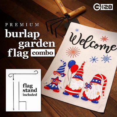 G128 Combo 36x16in Garden Flag Stand & 12x18in Welcome Three Gnomes Celebrating 4th of July Double-Sided Burlap Fabric Garden Flag Image 3