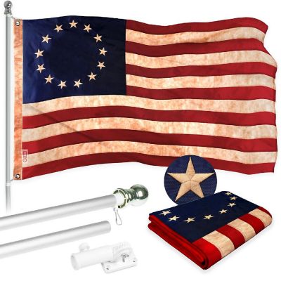 G128 Combo 5ft Silver Flagpole & 2.5x4ft Betsy Ross Tea-Stained Embroidered 420D Polyester Flag Image 1