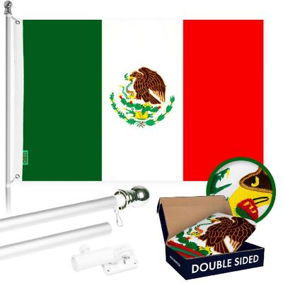 G128 Combo 5ft Silver Flagpole & 2.5x4ft Mexico Embroidered Double Sided 210D Polyester Flag Image 1
