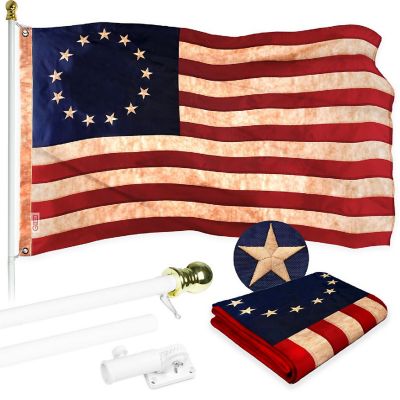 G128 Combo 5ft White Flagpole & 2.5x4ft Betsy Ross Tea-Stained Embroidered 420D Polyester Flag Image 1