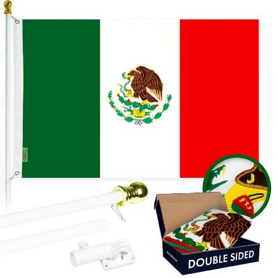 G128 Combo 5ft White Flagpole & 2.5x4ft Mexico Embroidered Double Sided 210D Polyester Flag Image 1