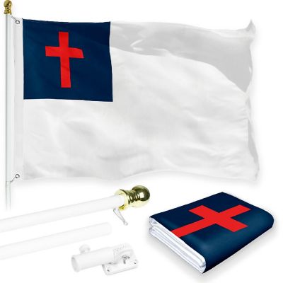 G128 Combo 5ft White Flagpole & 2x3ft Christian Printed 150D Polyester Flag Image 1