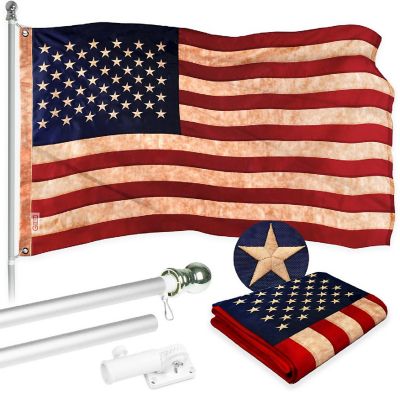 G128 Combo 6ft Silver Flagpole & 3x5ft USA Tea-Stained Embroidered 420D Polyester Flag Image 1