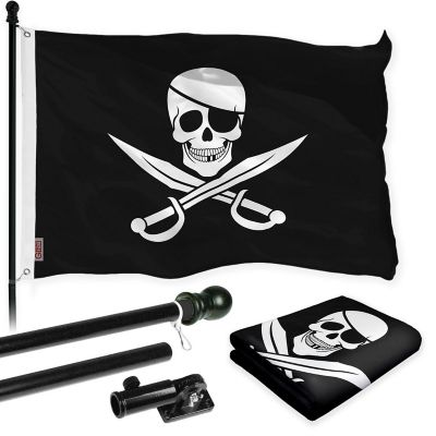 G128 - Combo Pack: Flag Pole 6 FT Black Tangle Free and Pirate Jolly Roger Swords Flag 3x5ft 150D Printed Polyester Image 1