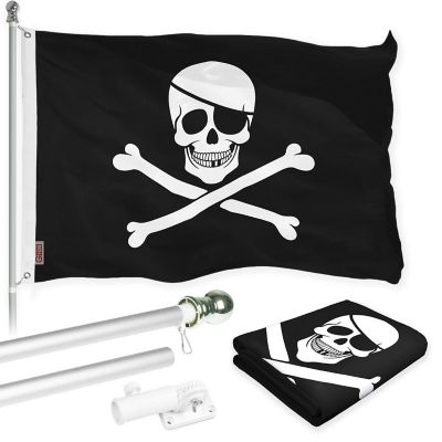 G128 - Combo Pack: Flag Pole 6 FT Silver Tangle Free and Pirate Jolly Roger Bones Flag 3x5ft 150D Printed Polyester Image 1