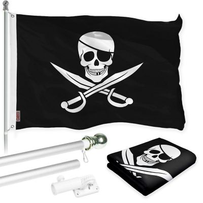 G128 - Combo Pack: Flag Pole 6 FT Silver Tangle Free and Pirate Jolly Roger Swords Flag 3x5ft 150D Printed Polyester Image 1