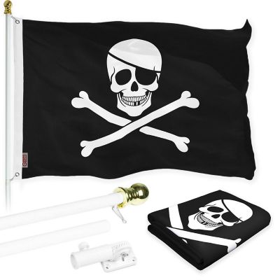 G128 - Combo Pack: Flag Pole 6 FT White Tangle Free and Pirate Jolly Roger Bones Flag 3x5ft 150D Printed Polyester Image 1