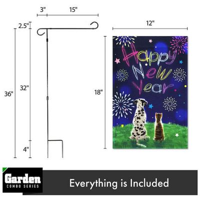 G128 - Combo Pack: Garden Flag Stand Black 36x16IN and Garden Flag Happy New Year Dog and Cat 12x18IN Image 1