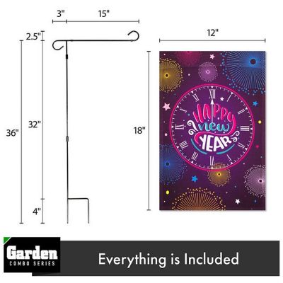 G128 - Combo Pack: Garden Flag Stand Black 36x16IN and Garden Flag Happy New Year Midnight Clock 12x18IN Image 1