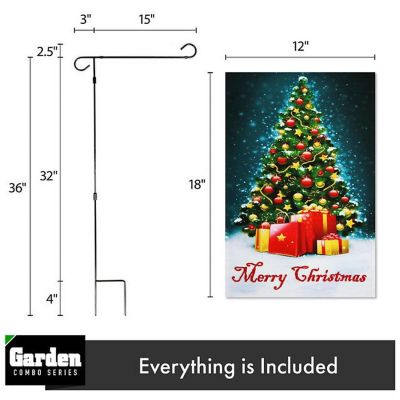 G128 - Combo Pack: Garden Flag Stand Black 36x16IN and Garden Flag Merry Christmas Tree with Gifts 12x18IN Image 1