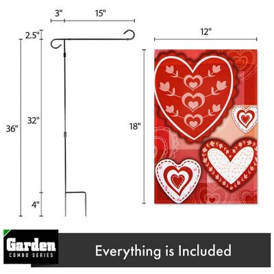 G128 - Combo Pack: Garden Flag Stand Black 36x16IN and Garden Flag Patchwork Hearts 12x18IN Image 1