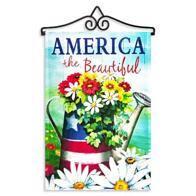 G128 Combo Set: Garden Flag Hanger AND Garden Flag America the Beautiful Spring Flowers Watering Can 12"x18" Image 1