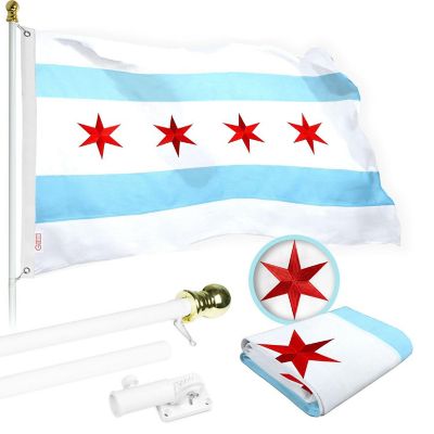 G128 - Flag Pole 5 FT White Tangle Free and Chicago Flag 2.5x4 FT Combo Embroidered Spun Polyester Image 1