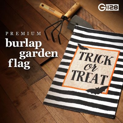 G128 - Garden Flag Halloween Decoration Trick or Treat Bats and Black and White Stripes 12"x18" Burlap Polyester Image 1