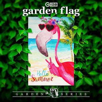 G128 - Garden Flag Hello Summer Peace Sign Flamingo 12"x18" Image 1