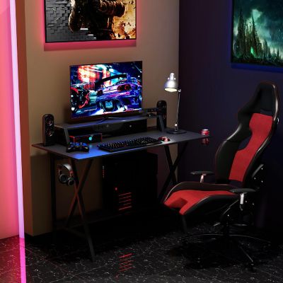 Gaming Desk All-In-One Professional Gamer Desk Cup Headphone Holder Power Strip Image 1