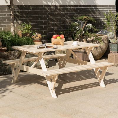 Gardenised Outdoor Wooden Patio Deck Garden 6-Person Picnic Table, for Backyard, Garden, Natural Image 2