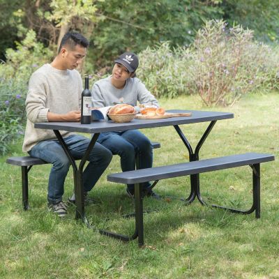 Gardenised Outdoor Woodgrain Picnic Table Set with Metal Frame, Gray Image 1