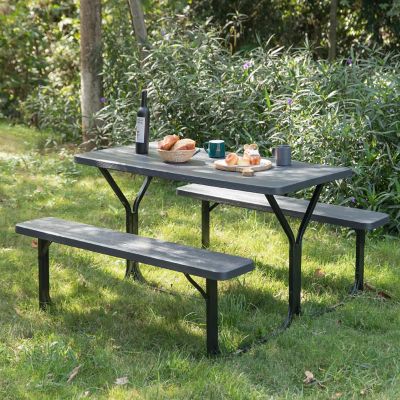 Gardenised Outdoor Woodgrain Picnic Table Set with Metal Frame, Gray Image 2