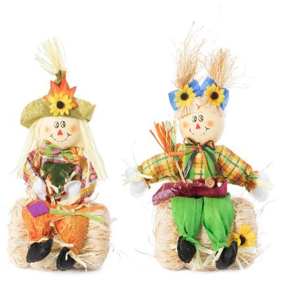 Gardenised Scarecrow Boy and Girl Set Sitting on a Hay Bale Image 1